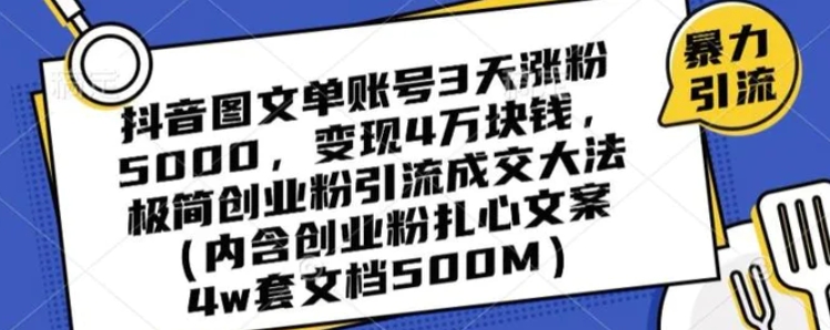 抖音图文单账号3天涨粉5000，变现4万块钱，极简创业粉引流成交大法-巨丰资源网