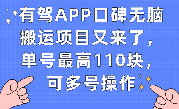 《有驾APP口碑无脑搬运项目》单号最高110块，可多号操作-巨丰资源网