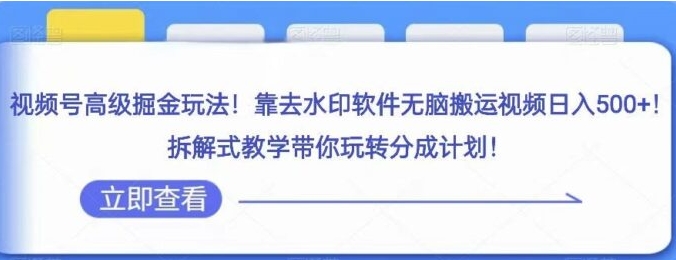 视频号高级掘金玩法，靠去水印软件无脑搬运视频日入500+，拆解式教学带你玩转分成计划【揭秘】-巨丰资源网