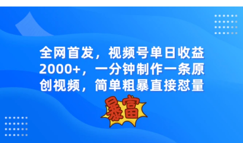 全网首发，视频号单日收益2000+，一分钟制作一条原创视频，简单粗暴-巨丰资源网