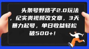 （9488期）头条号野路子2.0玩法，纪实类视频改文章，3天暴力起号，单日收益轻松破500+-巨丰资源网